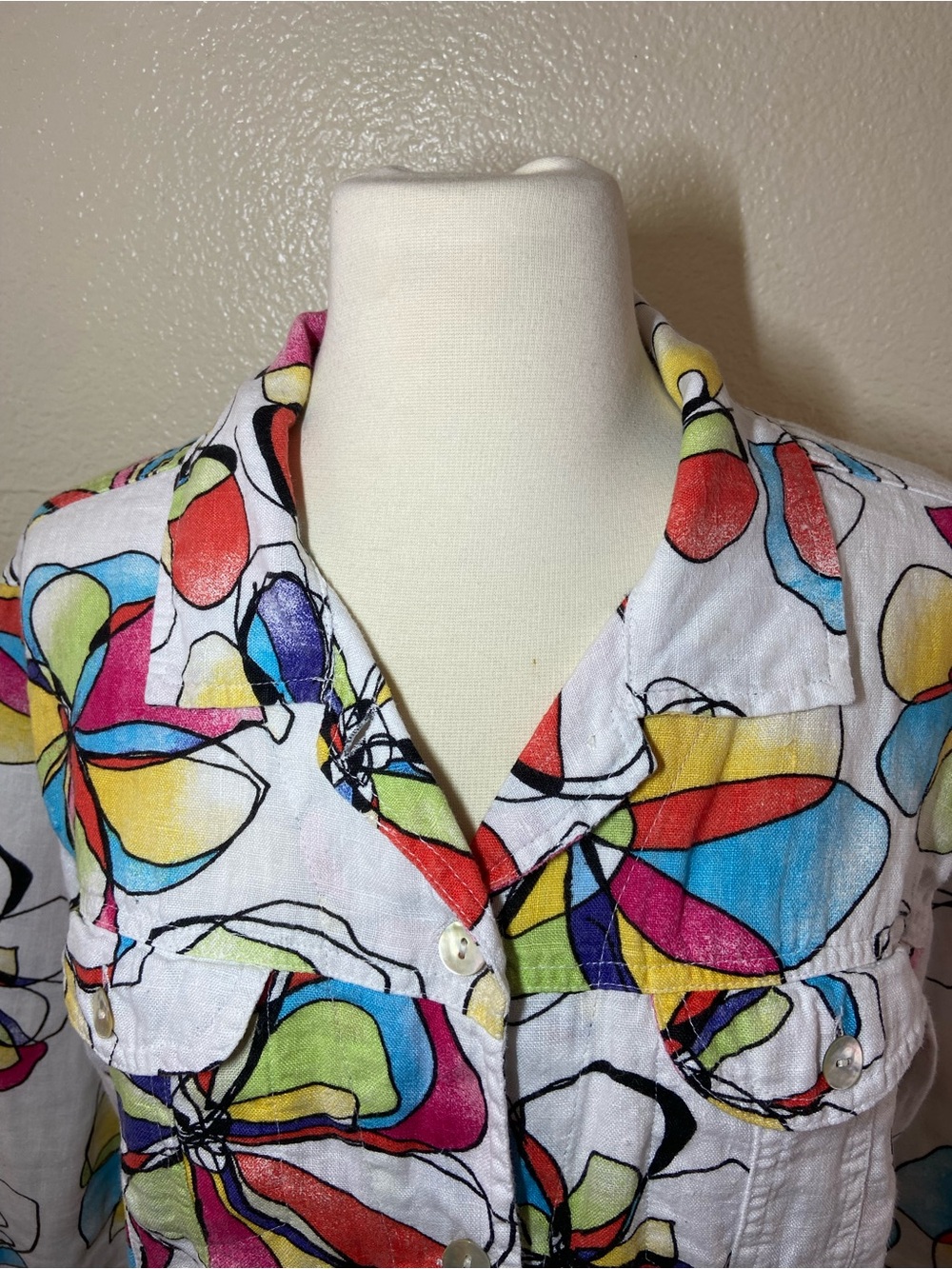 Chico's White Button-Down Blouse with Multicolor Floral Print size:2(L)100%linen - Picture 4 of 11